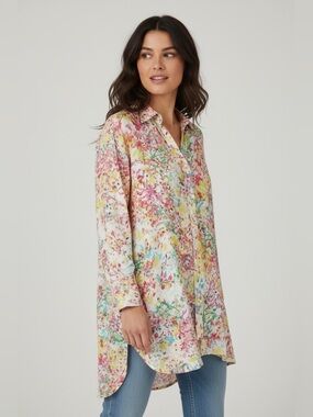 Happy Few Cotton Splatter Multicolor Button Up Tunic Oversized Top
